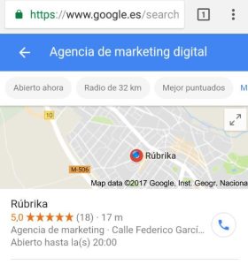 Ficha de Google Maps de Rúbrika